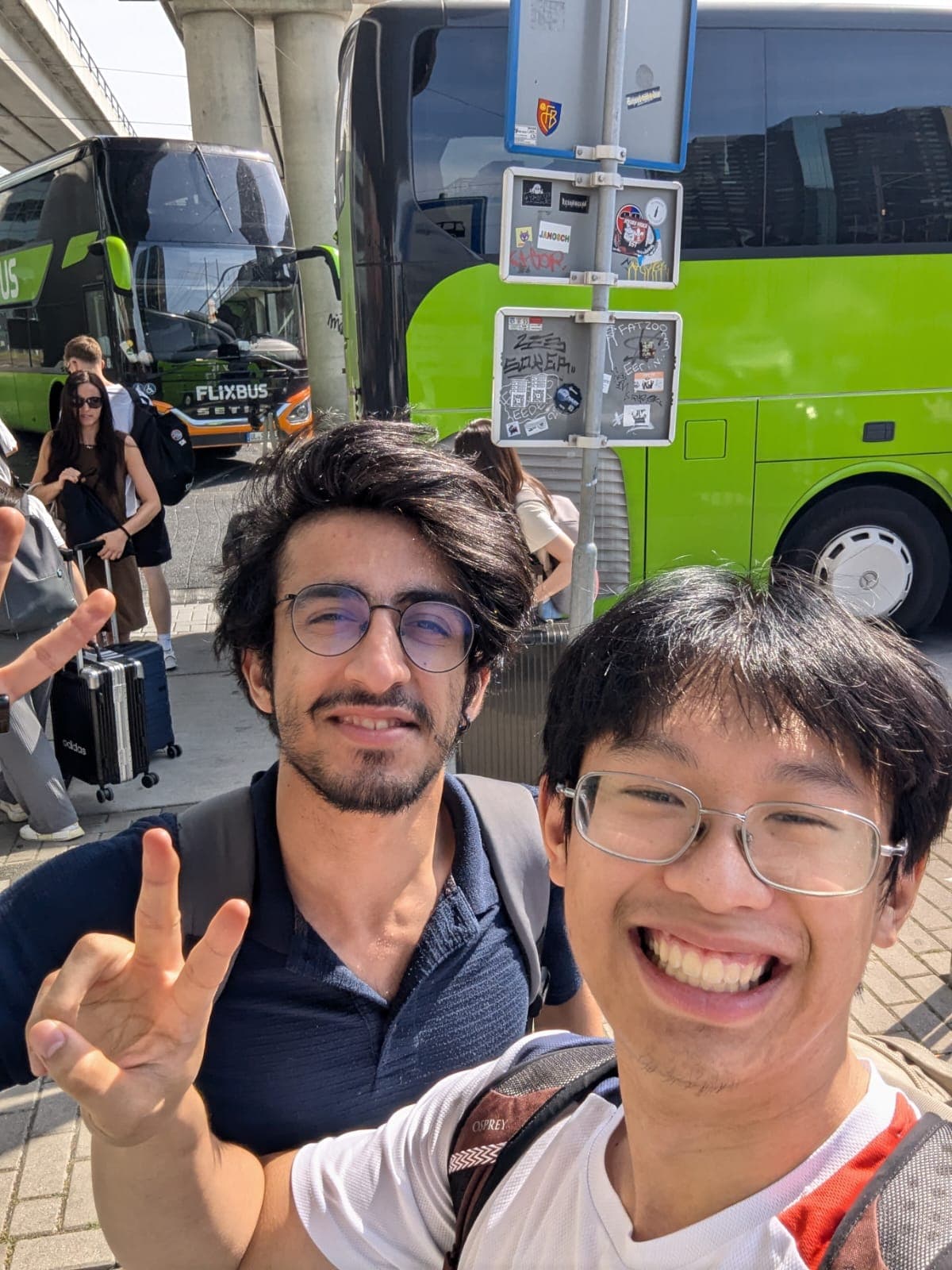 With Jun Chao at the FlixBus station before heading to our next stop.