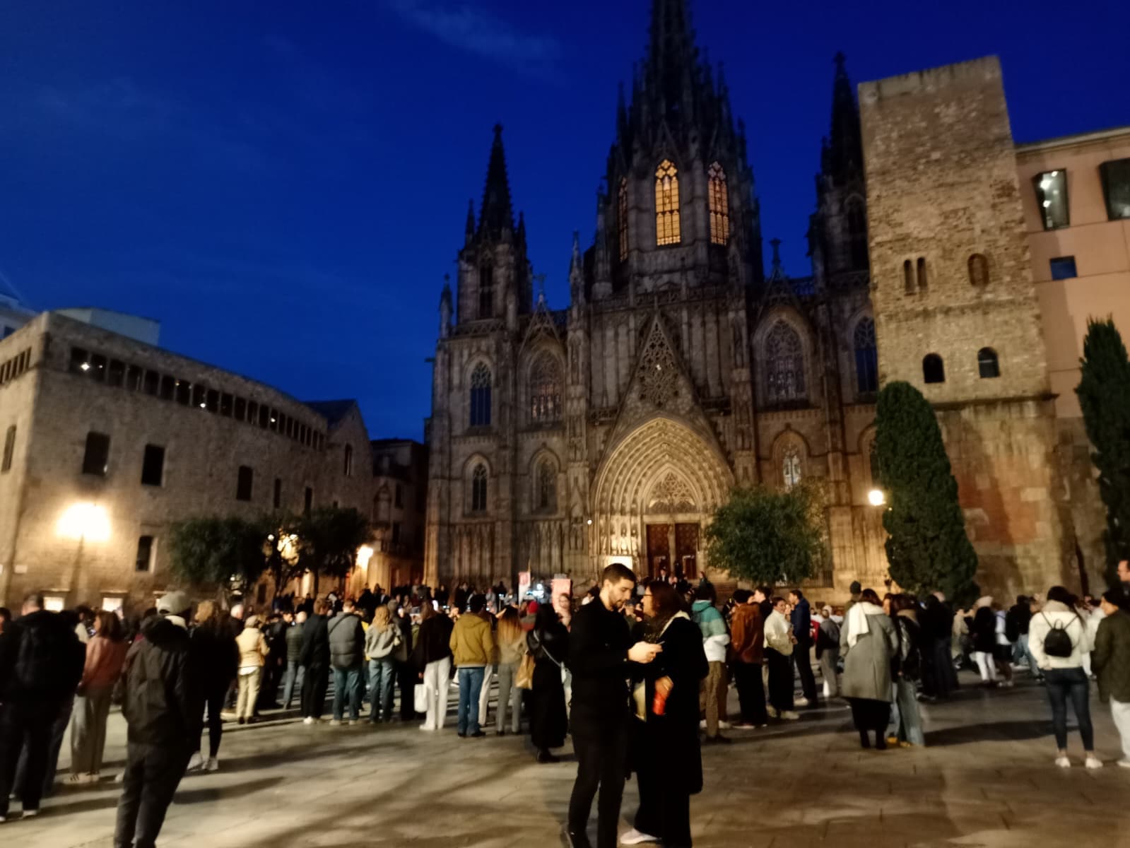 Night view of Barcelona Cathedral with a crowd gathered in the square.